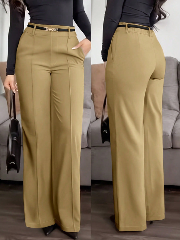 Womens Solid Straight Leg Suit Pants Zipper Pocket Casual Office Wear