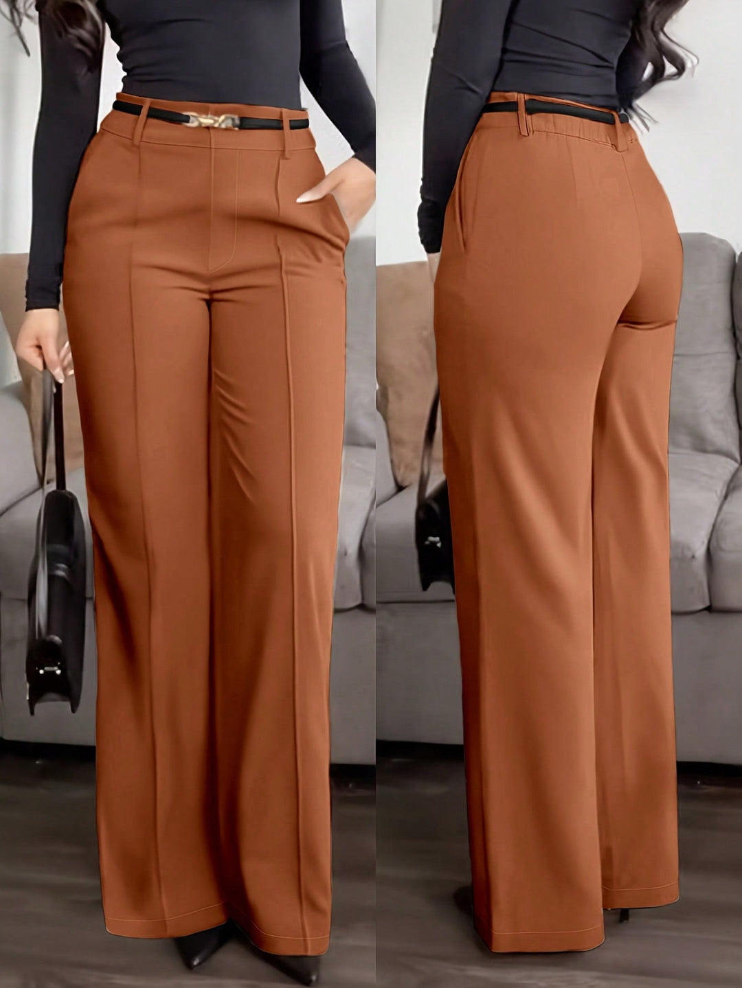 Womens Solid Straight Leg Suit Pants Zipper Pocket Casual Office Wear