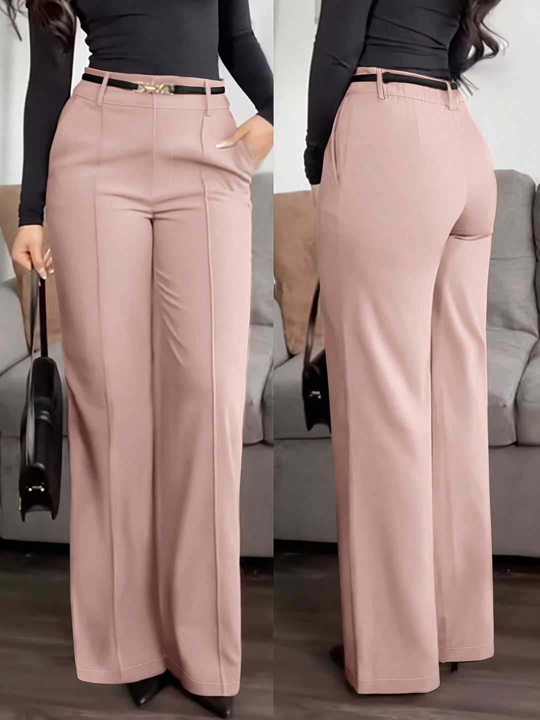 Womens Solid Straight Leg Suit Pants Zipper Pocket Casual Office Wear