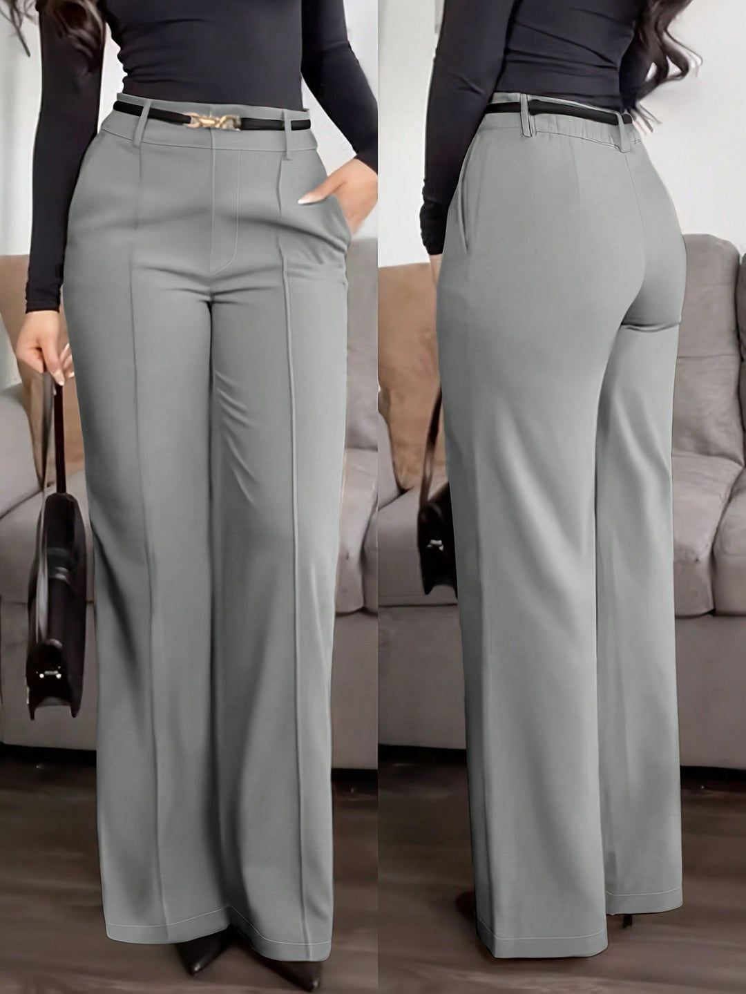 Womens Solid Straight Leg Suit Pants Zipper Pocket Casual Office Wear