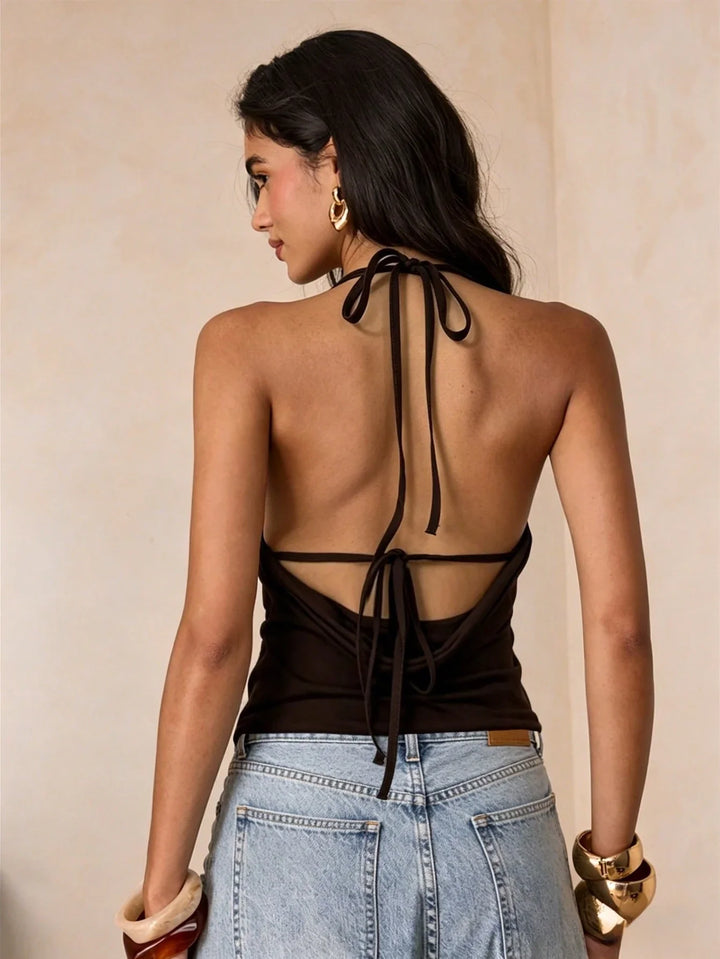 Womens Brown Ruched V Neck Backless Strap Knit Top Casual Party Club Concert Streetwear