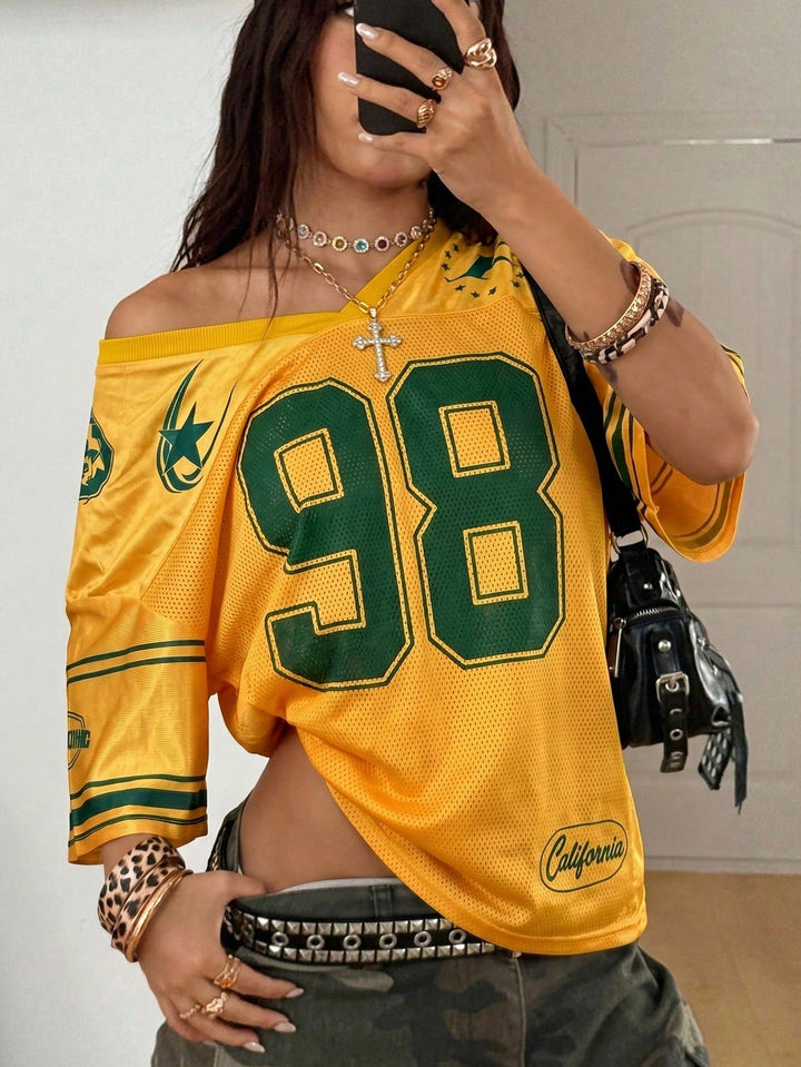 Womens Summer Mesh Baseball Jersey Number Print V Neck Sport Streetwear Top