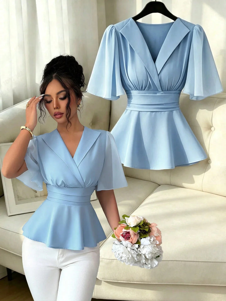Womens Elegant Light Blue Mesh Ruffle Trim Patchwork Blouse Casual Holiday Party Top