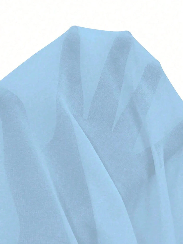 Womens Elegant Light Blue Mesh Ruffle Trim Patchwork Blouse Casual Holiday Party Top