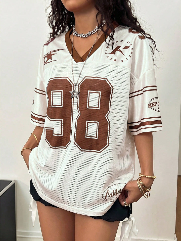 Womens Summer Mesh Baseball Jersey Number Print V Neck Sport Streetwear Top