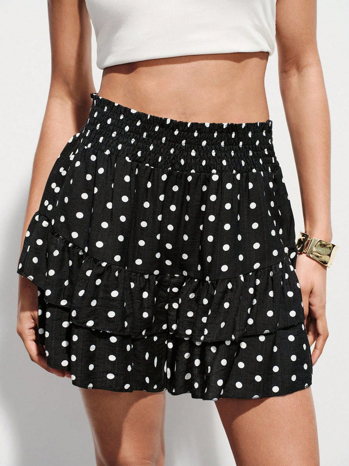 Women Casual Faux Linen Printed Ruffle Hem Waist Tie Skorts
