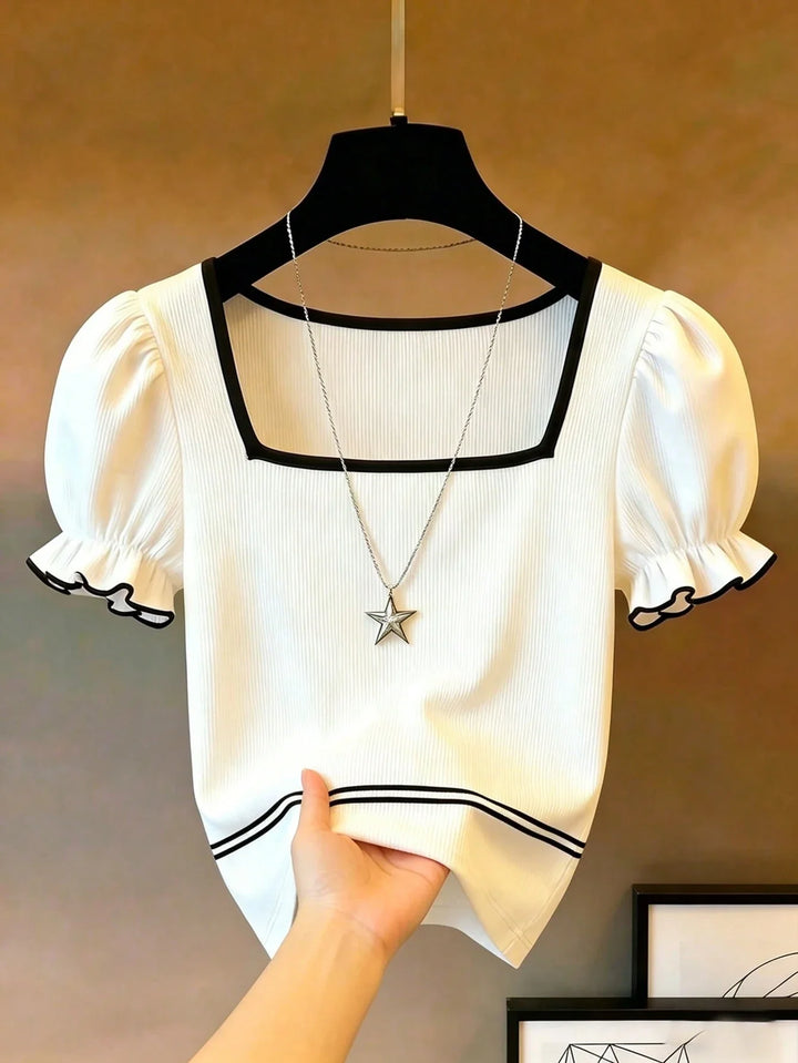 Womens Square Neck Color Block Puff Sleeve Casual Commuter Top