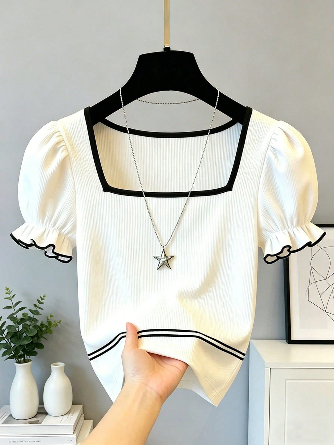 Womens Square Neck Color Block Puff Sleeve Casual Commuter Top