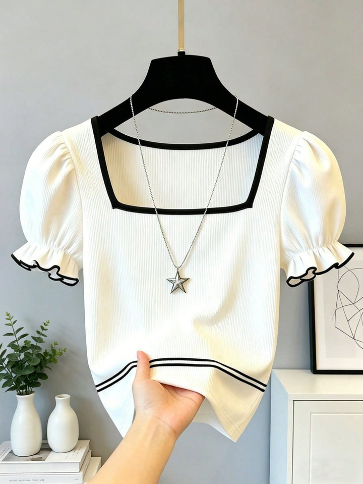 Womens Square Neck Color Block Puff Sleeve Casual Commuter Top