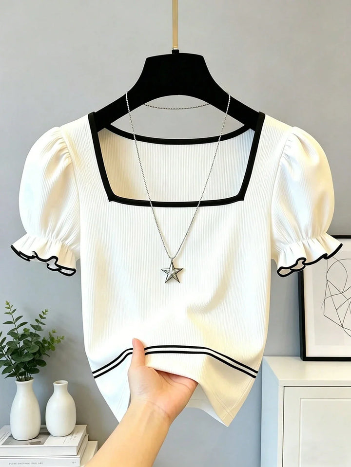 Womens Square Neck Color Block Puff Sleeve Casual Commuter Top