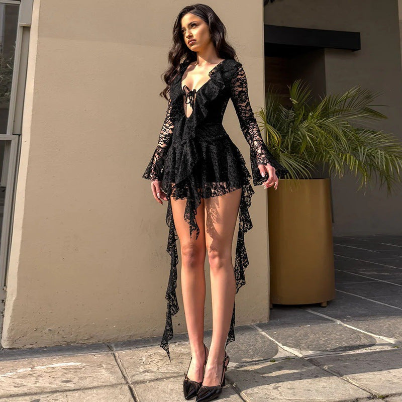 LUMIÈRE™ - Lace Ruffle Long Sleeve Mini Dress