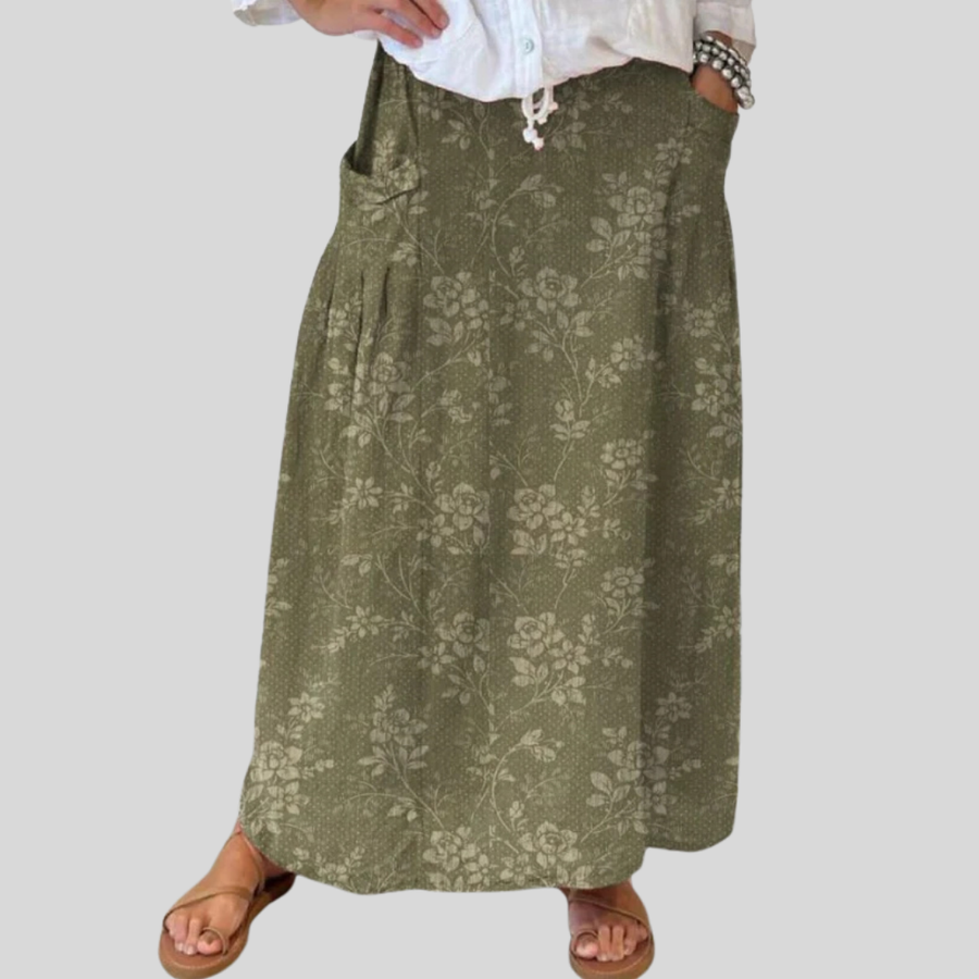 Women's Vintage Floral Linen Elastic waistband Pocket Skirt