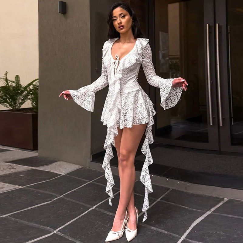 LUMIÈRE™ - Lace Ruffle Long Sleeve Mini Dress