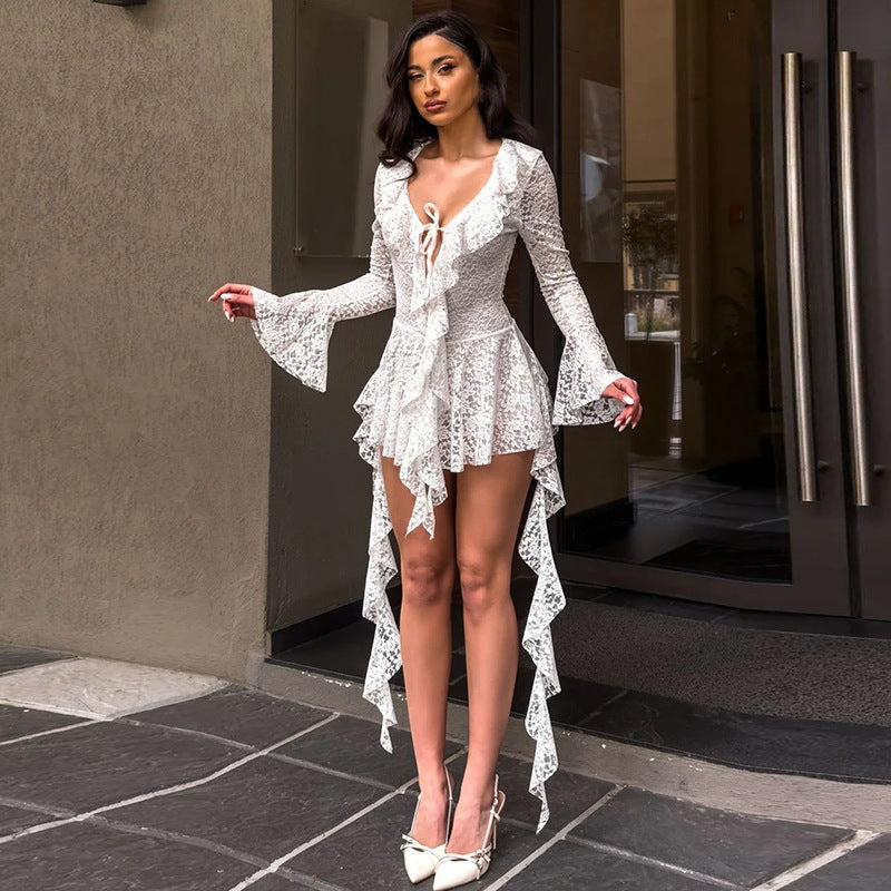 LUMIÈRE™ - Lace Ruffle Long Sleeve Mini Dress
