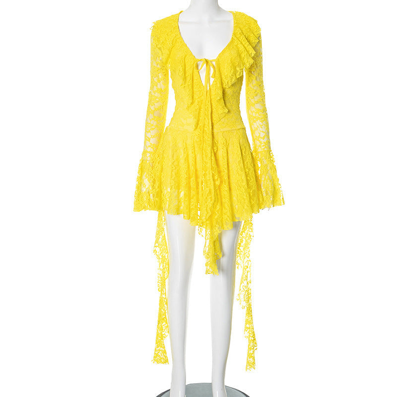 LUMIÈRE™ - Lace Ruffle Long Sleeve Mini Dress