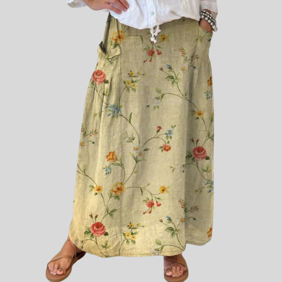 Women's Retro Elegant Floral Art Linen Elastic waistband Pocket Skirt