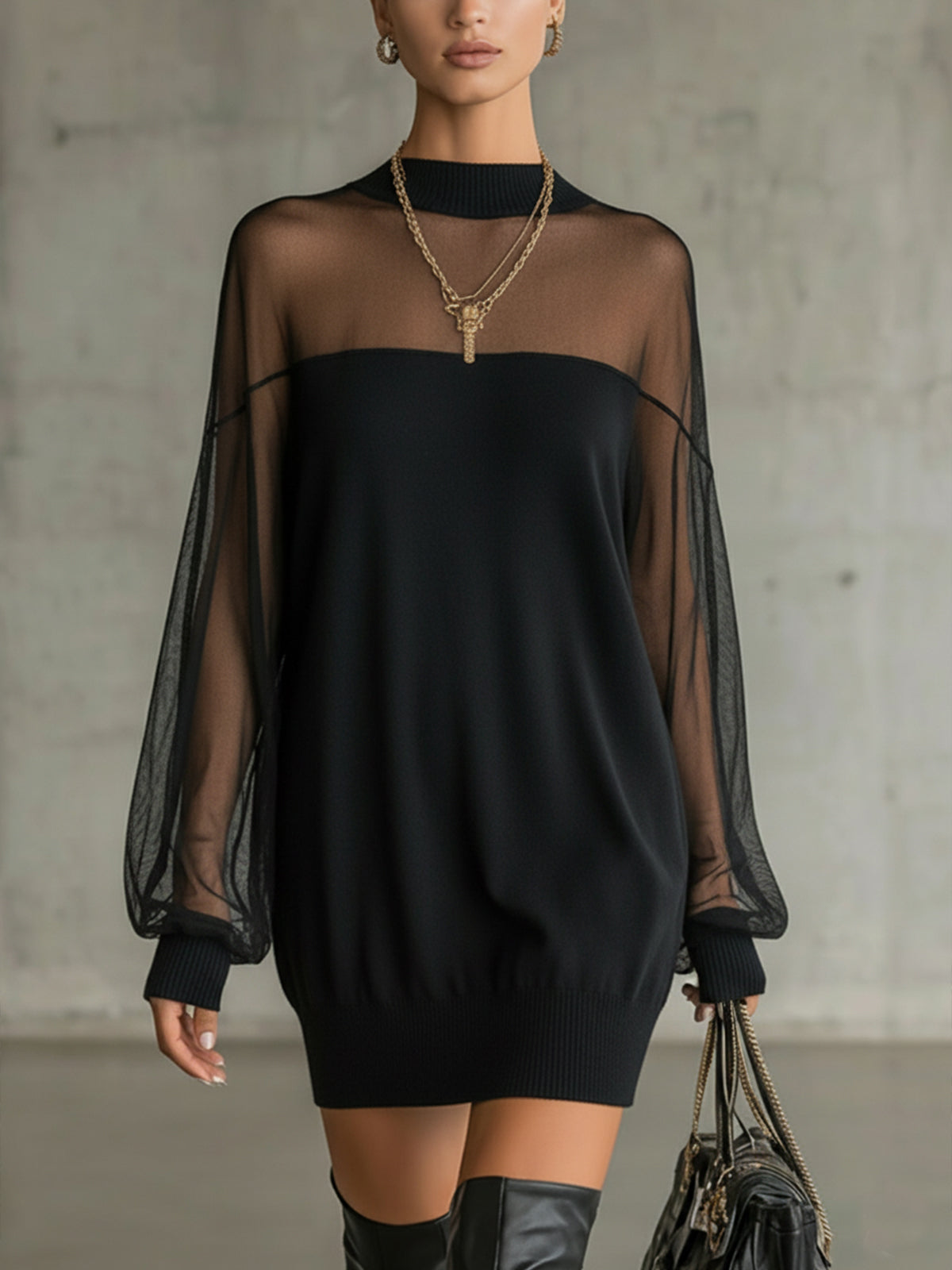 Black Sheer Mesh Sleeve High‑Neck Mini Dress