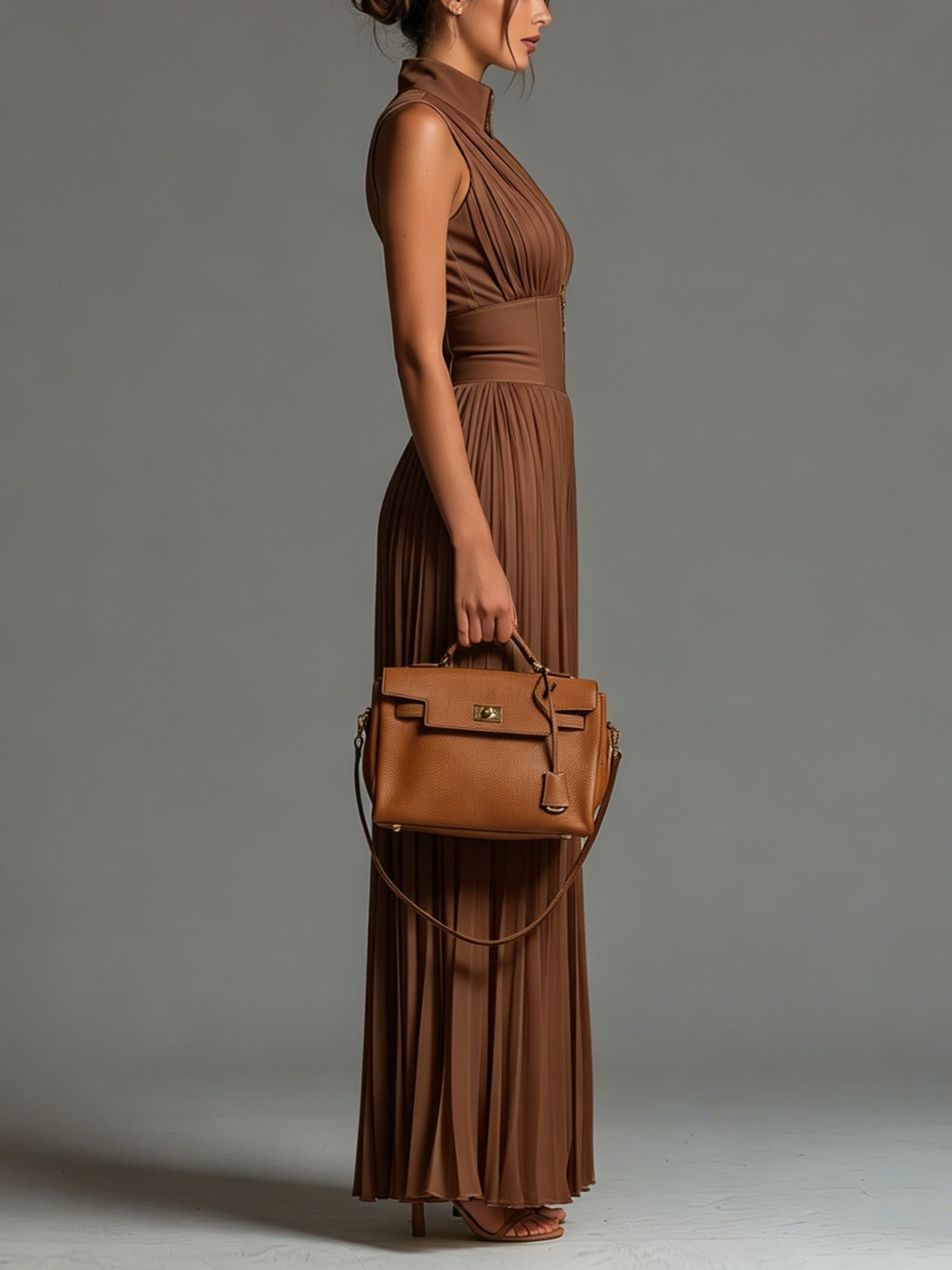 Mirelda™ | Brown Pleated Wide Leg Jumpsuit