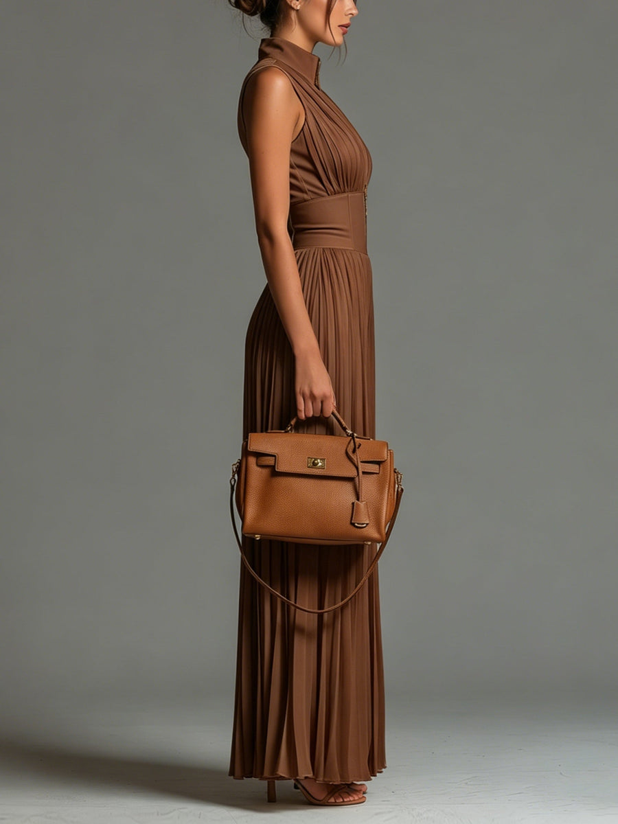 Mirelda™ | Brown Pleated Wide Leg Jumpsuit
