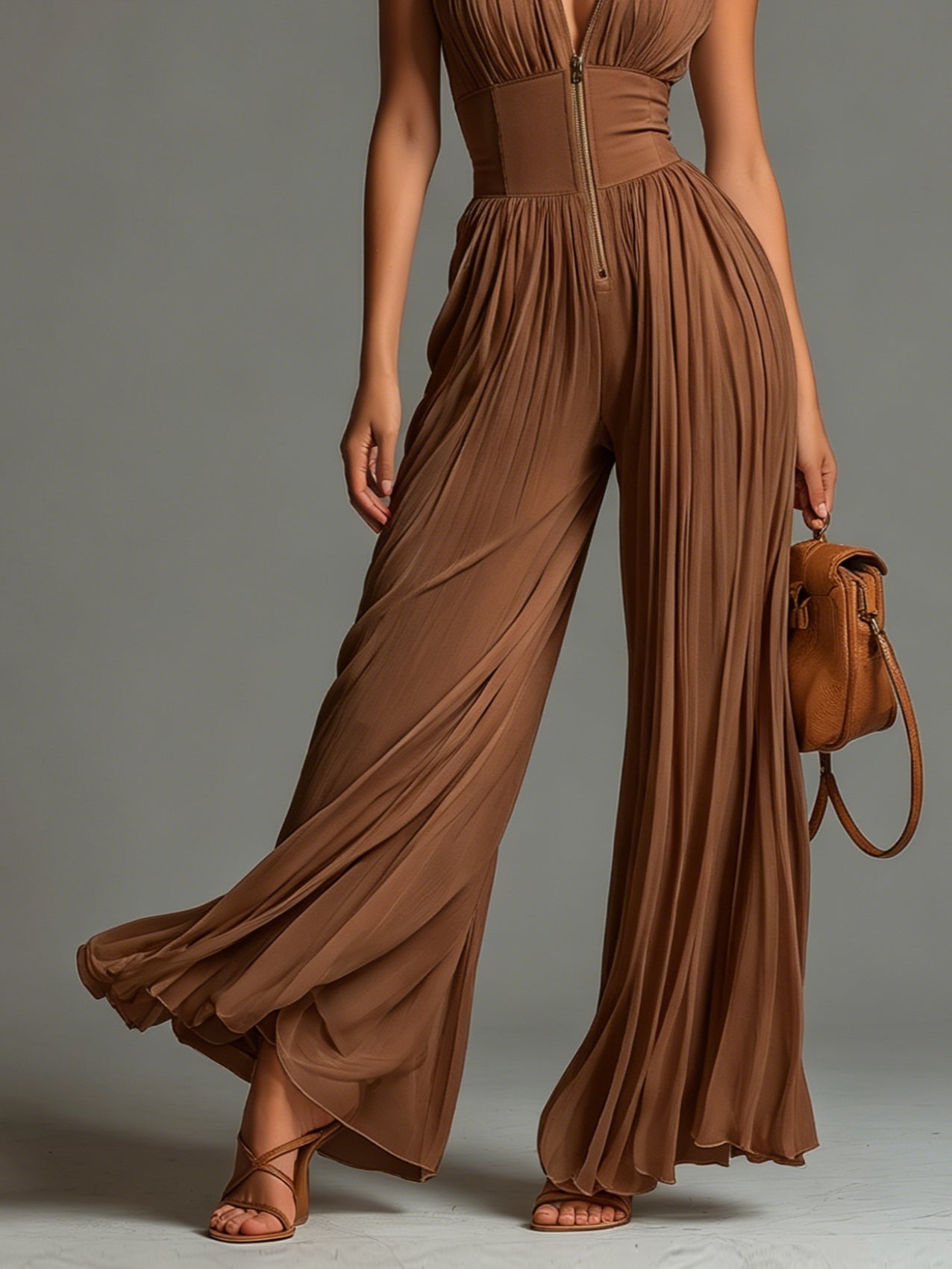 Mirelda™ | Brown Pleated Wide Leg Jumpsuit