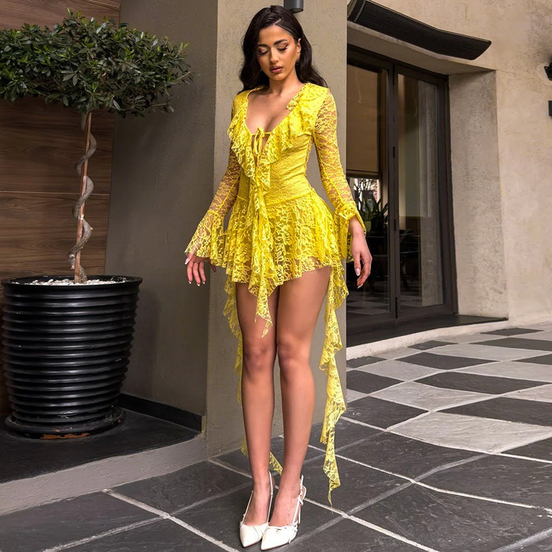 LUMIÈRE™ - Lace Ruffle Long Sleeve Mini Dress