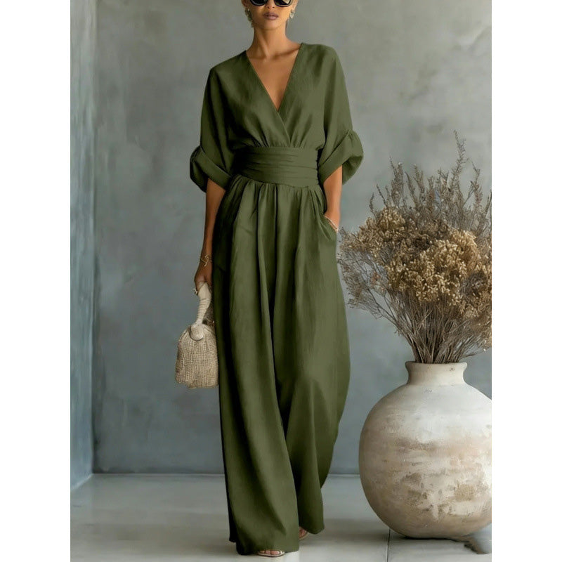 Maevra™ | V-Neck High-Waist Wide-Leg Jumpsuit