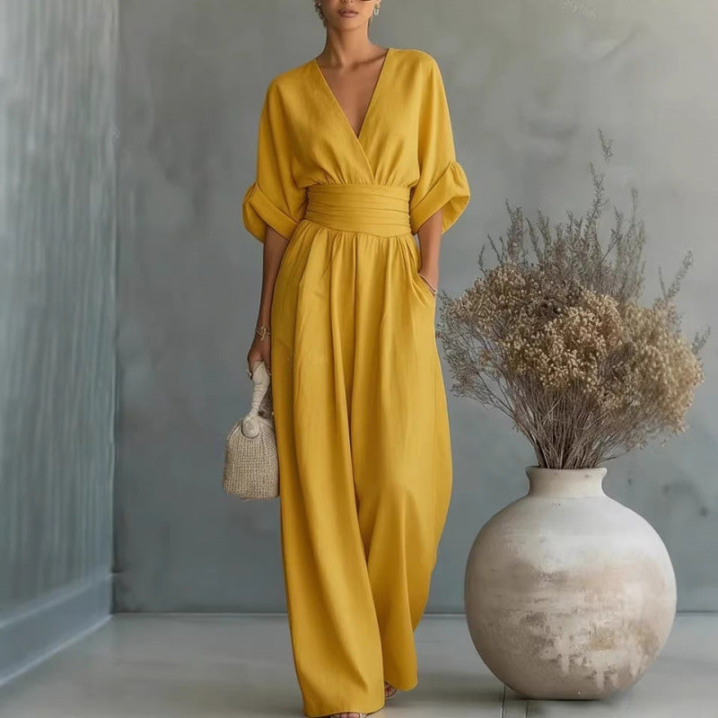 Maevra™ | V-Neck High-Waist Wide-Leg Jumpsuit