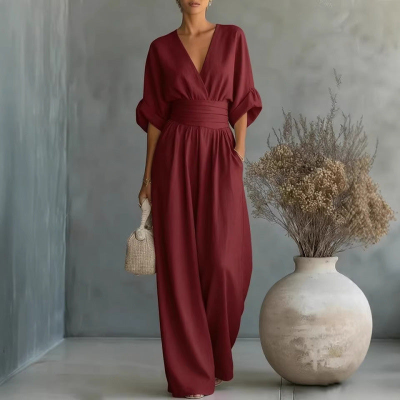 Maevra™ | V-Neck High-Waist Wide-Leg Jumpsuit