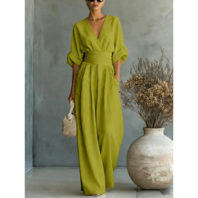 Maevra™ | V-Neck High-Waist Wide-Leg Jumpsuit