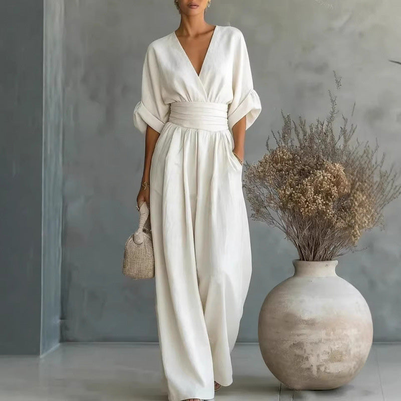 Maevra™ | V-Neck High-Waist Wide-Leg Jumpsuit