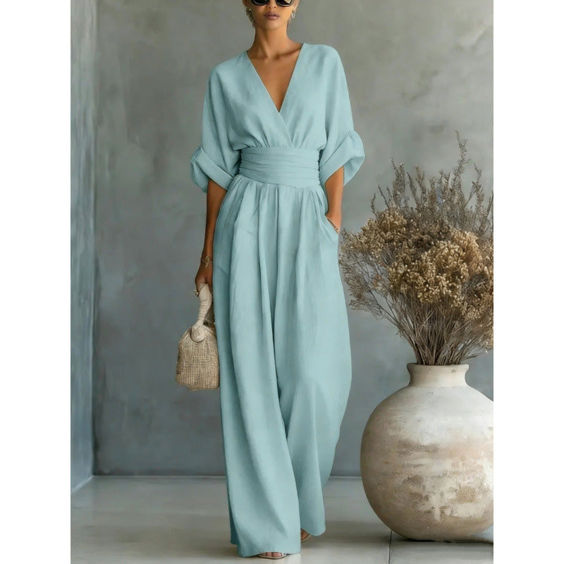 Maevra™ | V-Neck High-Waist Wide-Leg Jumpsuit