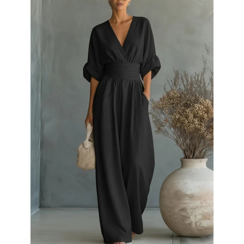 Maevra™ | V-Neck High-Waist Wide-Leg Jumpsuit